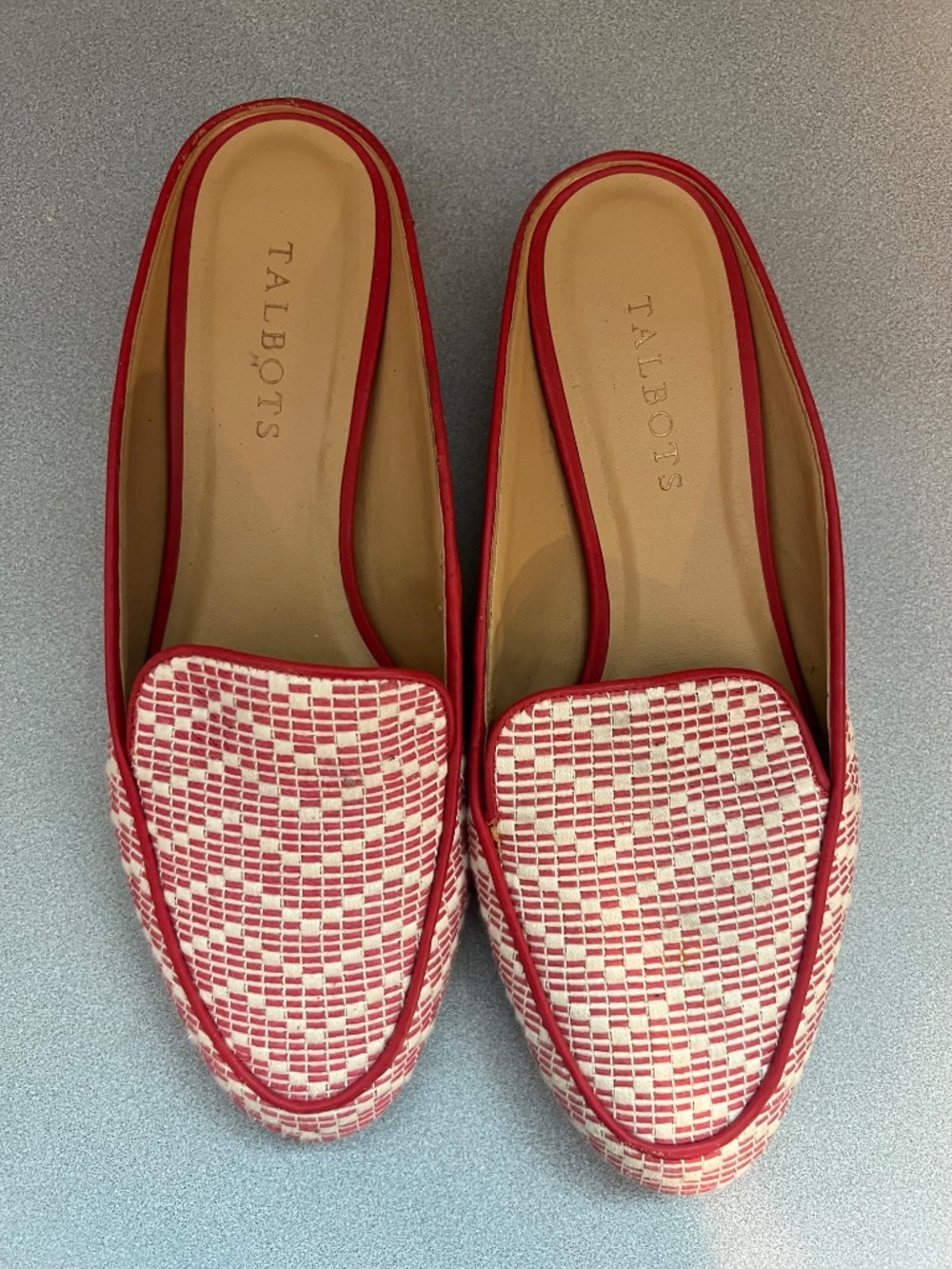 Talbots Woven Loafer Mules 8.5 Red Ivory Leather Trim Slip On Flats